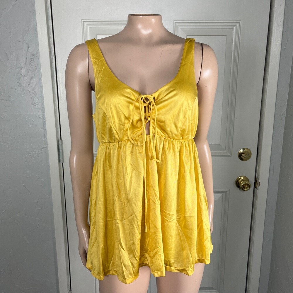 Vintage 70's Sears Shirt Women's Polyester Knit Bright Yellow Lace up Tie WW4